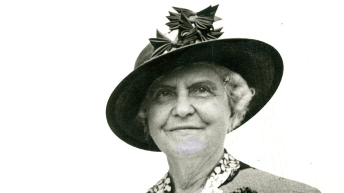A photo of Geraldine R. Dodge wearing a hat outdoors.